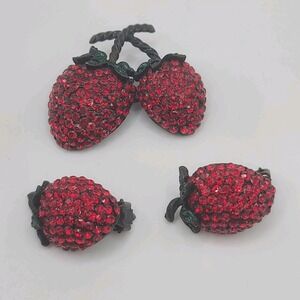 Vintage Weiss‎ Brooch Earrings Set Strawberry Forbidden Fruit Japanned Signed
